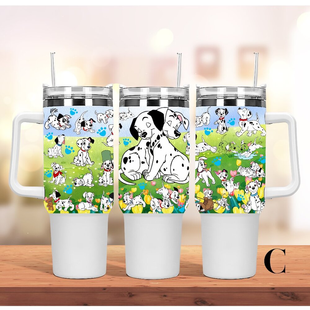 Disney 101 Dalmatia 40 oz Tumbler/Water bottle/Mug with lid, handle and straw. B